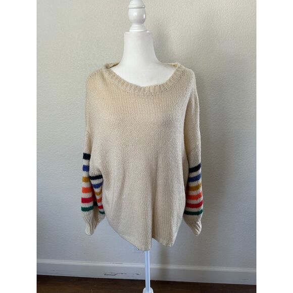 VICI Rainbow Stripped Balloon Sleeve Crewneck Cream Sweater Size Medium - Picture 1 of 7